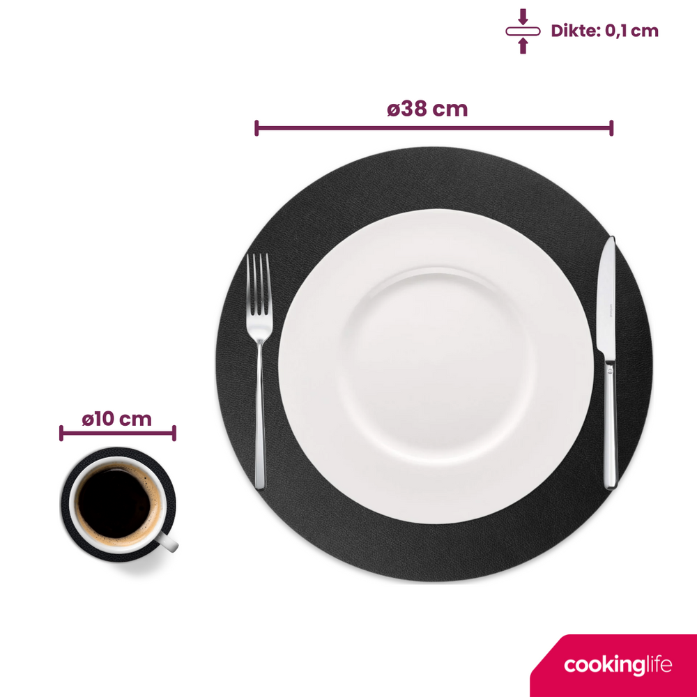 Cookinglife 6 Manteles Individuales + 6 Posavasos - Redondos - Cuero Vegano - Negro