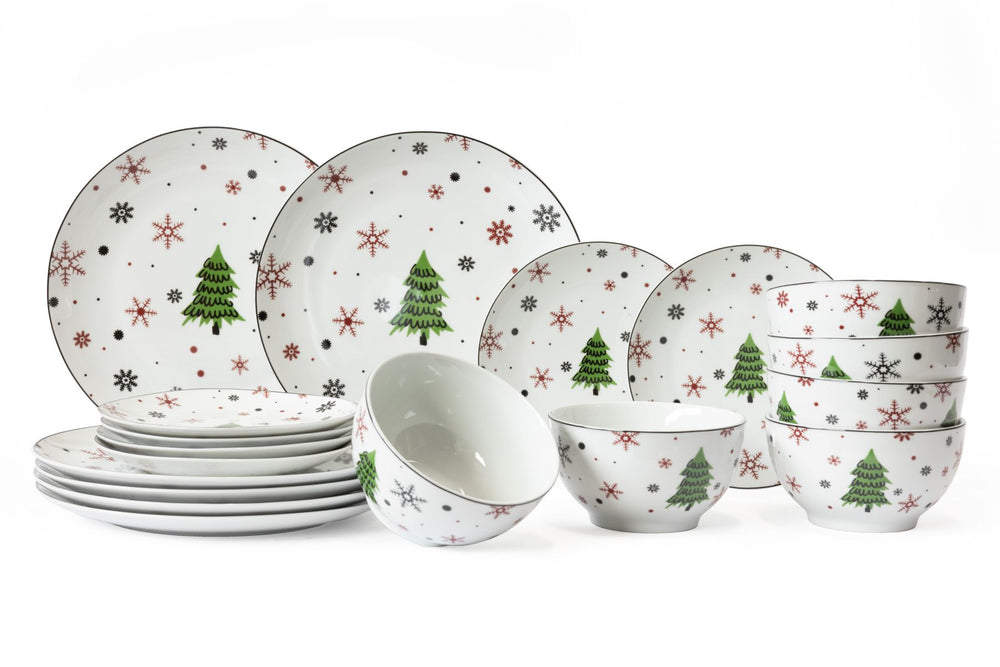 Cookinglife Juego de vajilla - Vajilla navideña - Porcelana - Roja 18 piezas / 6 personas - 6 platos de cena, 6 platos de desayuno & 6 cuencos