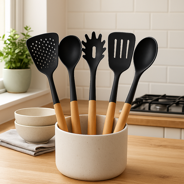 Set de utensilios de cocina Cookinglife - Set de cocina - madera negra 5 piezas - Espumadera, cucharón, cuchara para espaguetis, espátula y cuchara para servir