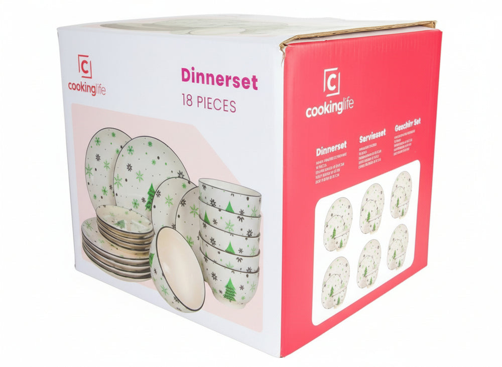 Cookinglife Juego de vajilla - Vajilla de Navidad - Cerámica - Verde 18 piezas / 6 personas - 6 platos de cena, 6 platos de desayuno & 6 cuencos