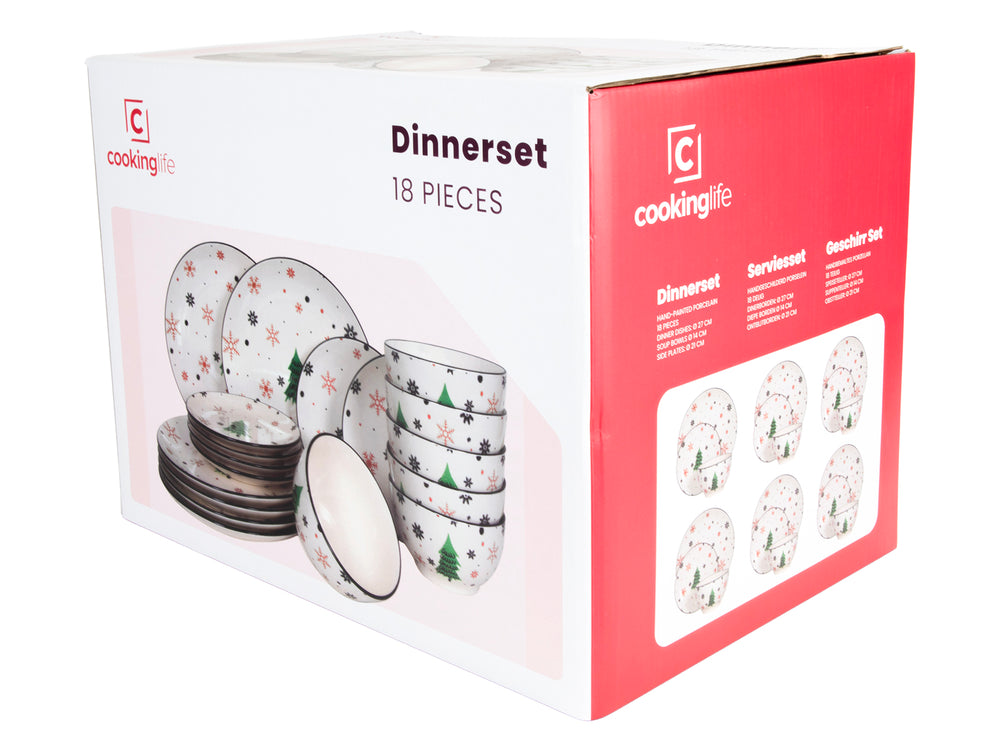 Cookinglife Juego de vajilla - Vajilla navideña - Porcelana - Roja 18 piezas / 6 personas - 6 platos de cena, 6 platos de desayuno & 6 cuencos