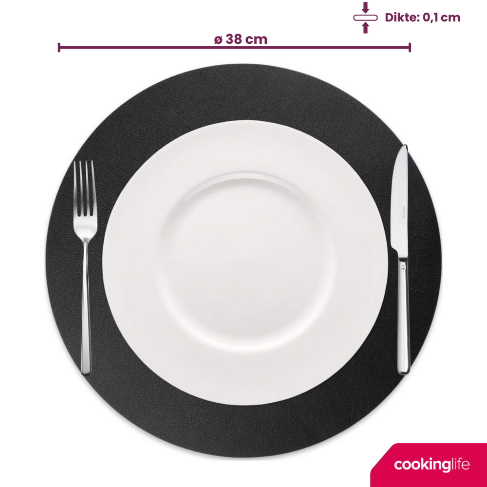 Cookinglife Manteles Individuales - Cuero Vegano - Negro - ø 38 cm - 6 piezas