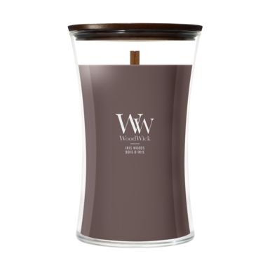 WoodWick Vela Aromática Grande Iris Woods - 18 cm / ø 10 cm - Vela Aromática en Vidrio - Mecha de Madera