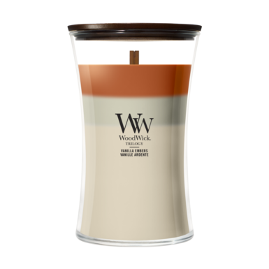 WoodWick Vela Aromática Large Trilogy Vanilla Embers - 18 cm / ø 10 cm - Vela Aromática en Vidrio - Mecha de Madera