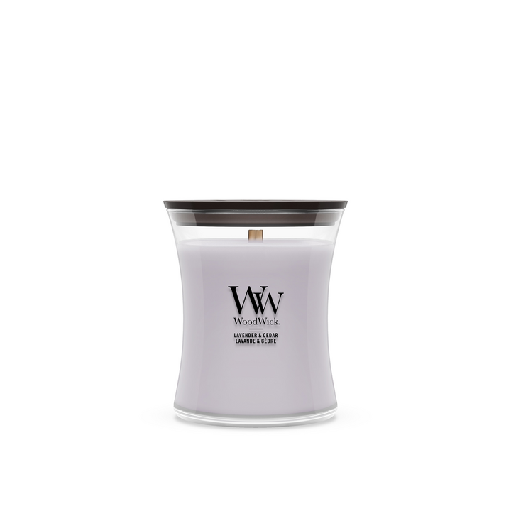 WoodWick Vela Aromática Mediana Lavanda & Cedro - 11 cm / ø 10 cm - Vela Aromática en Vidrio - Mecha de Madera