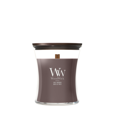 WoodWick Vela Aromática Mediana Iris Woods - 11 cm / ø 10 cm - Vela Aromática en Vidrio - Mecha de Madera