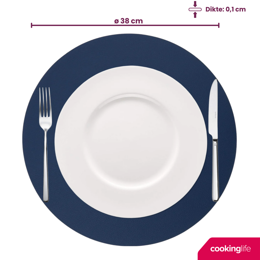 Cookinglife Manteles Individuales - Reversibles - Cuero Vegano - Gris / Azul ø 38 cm - 6 Piezas