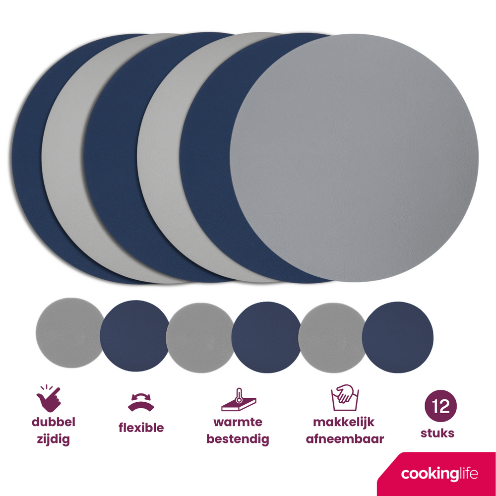 Cookinglife 6 Manteles Individuales + 6 Posavasos - Reversibles - Redondos - Cuero Vegano - Azul / Gris