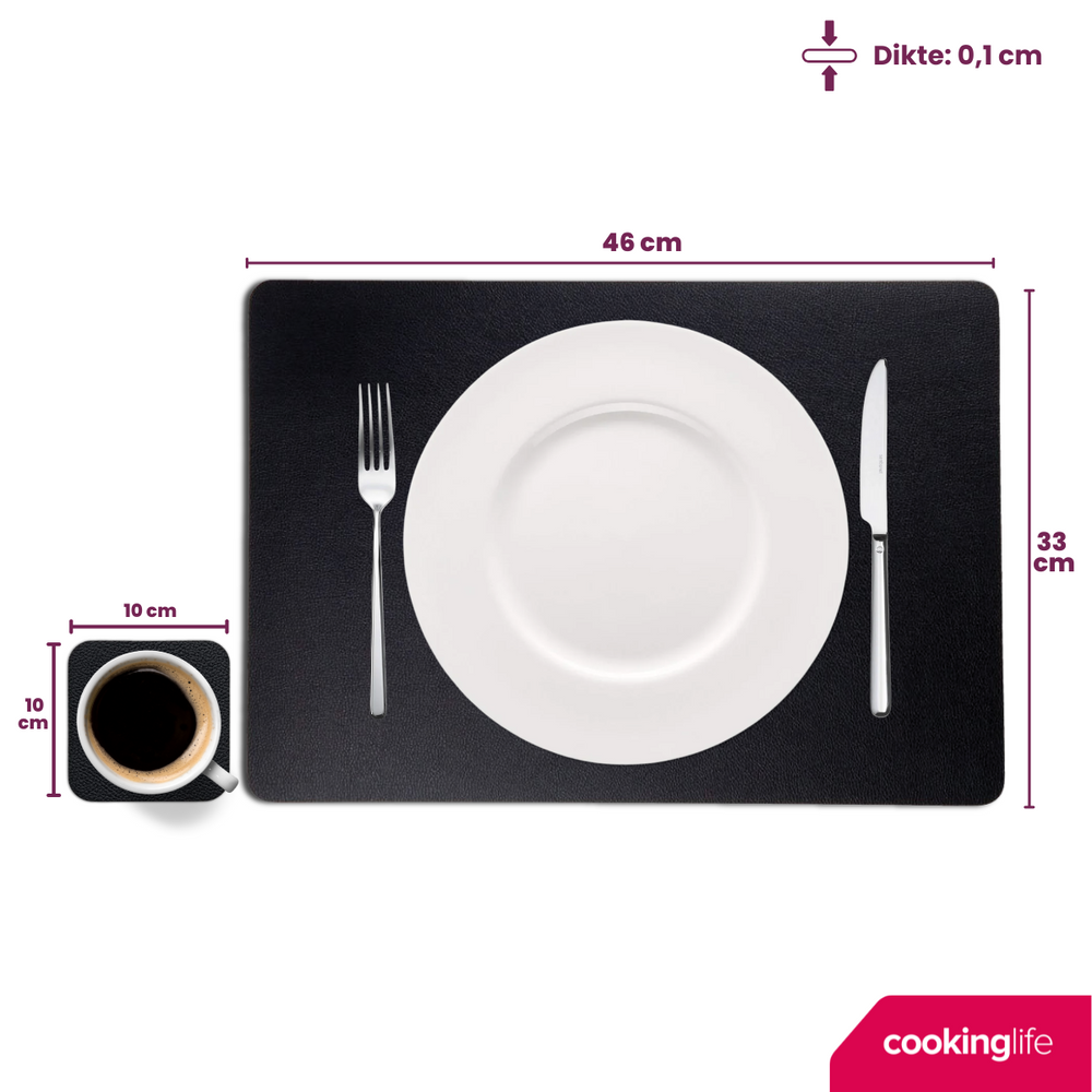 Cookinglife 6 Manteles Individuales + 6 Posavasos - Cuero Vegano - Negro