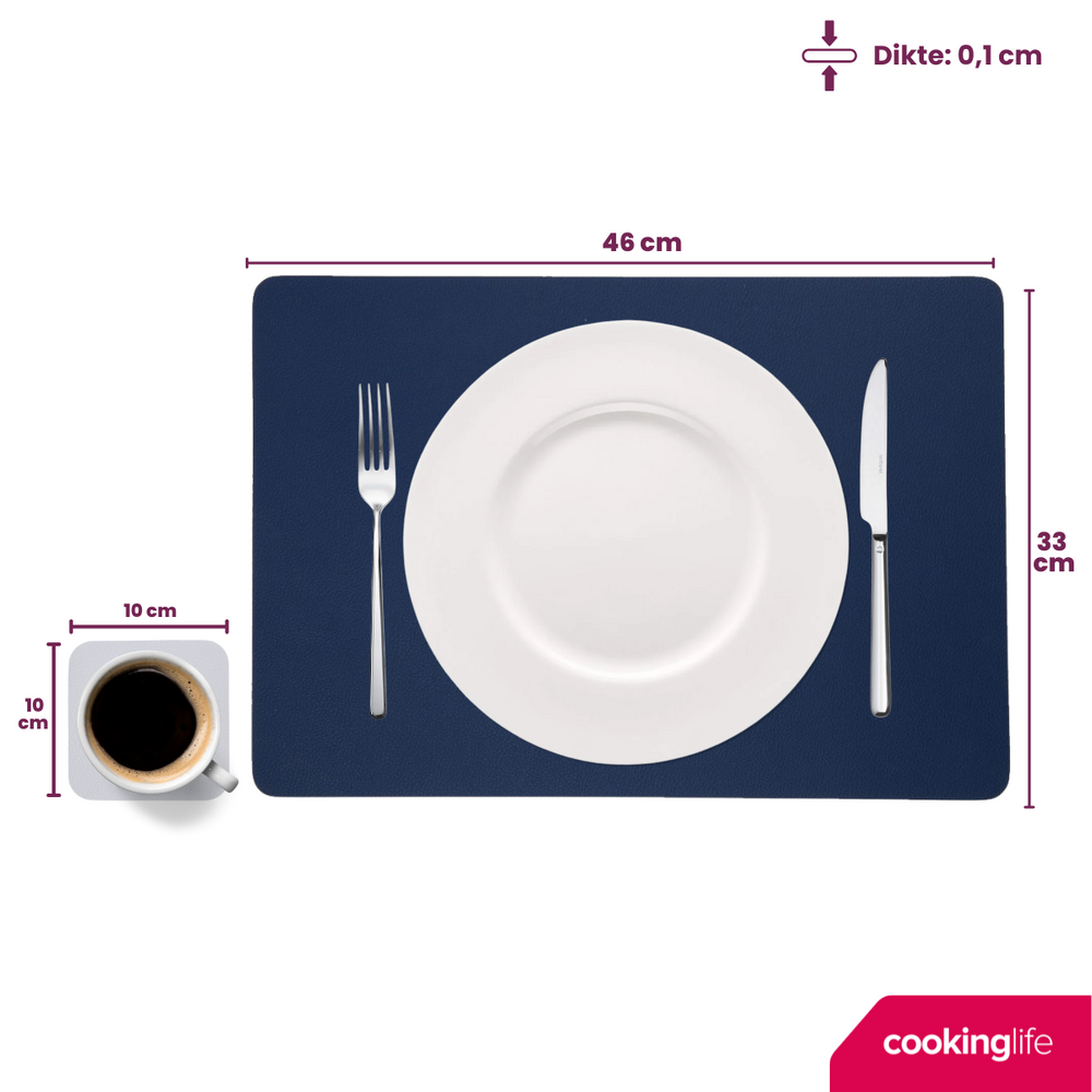 Cookinglife 6 Manteles Individuales + 6 Posavasos - Reversibles - Cuero Vegano - Azul / Gris