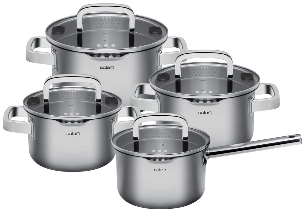 Sola Set de ollas Juvia 4 piezas Acero inoxidable - Compatible con campana extractora - Olla de cocina ø 16, 18, 20 cm y cazo ø 16 cm - apto para todas las fuentes de calor