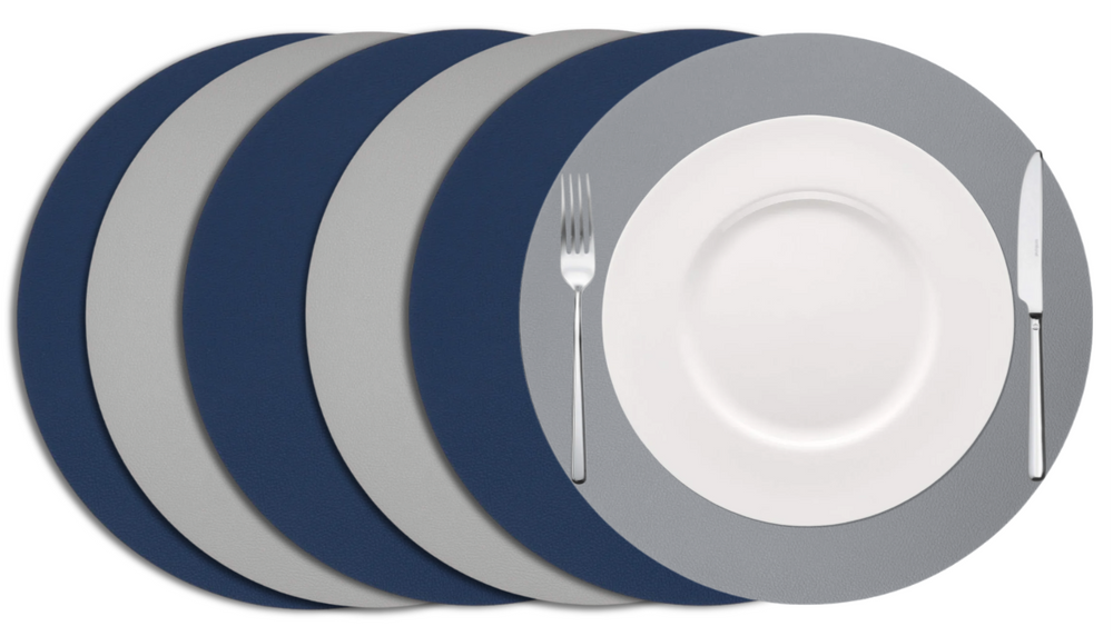 Cookinglife Manteles Individuales - Reversibles - Cuero Vegano - Gris / Azul ø 38 cm - 6 Piezas