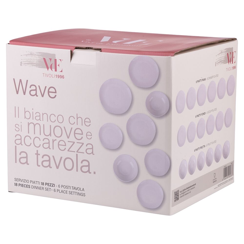 Villa d'Este Home juego de vajilla Wave blanco porcelana 18 piezas / 6 personas - 6 platos de cena, 6 platos de desayuno y 6 platos hondos