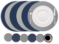 Cookinglife 6 Manteles Individuales + 6 Posavasos - Reversibles - Redondos - Cuero Vegano - Azul / Gris