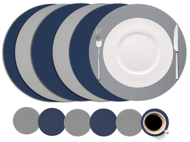 Cookinglife 6 Manteles Individuales + 6 Posavasos - Reversibles - Redondos - Cuero Vegano - Azul / Gris