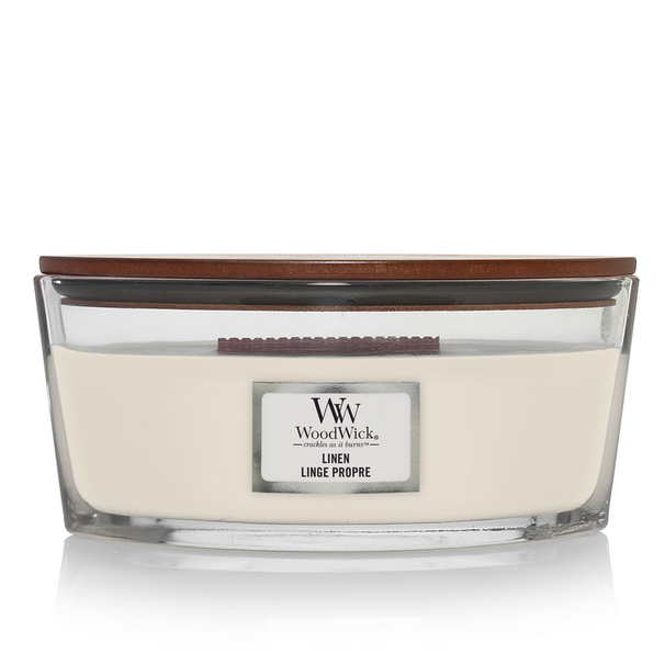 Vela aromática WoodWick Elipse Lino - 9 cm / 19 cm - Vela aromática en vidrio - Mecha de madera