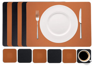 Cookinglife 6 Manteles Individuales + 6 Posavasos - Reversibles - Cuero Vegano - Negro / Cognac