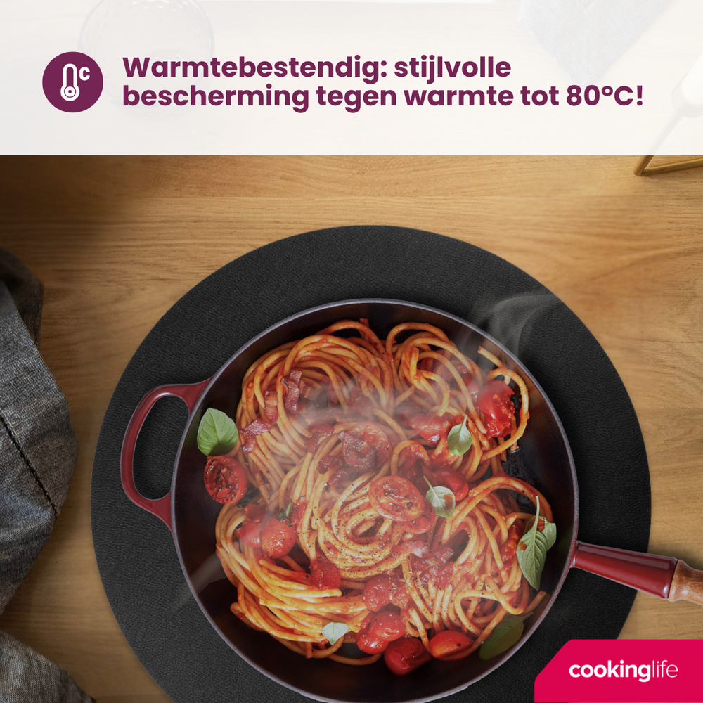 Cookinglife Manteles Individuales - Cuero Vegano - Negro - ø 38 cm - 6 piezas
