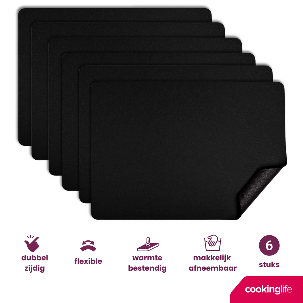 Cookinglife Manteles Individuales - Cuero Vegano - Negro - 46 x 33 cm - 6 piezas