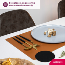 Cookinglife Manteles Individuales - Reversibles - Cuero Vegano - Cognac / Negro 46 x 33 cm - 6 Piezas