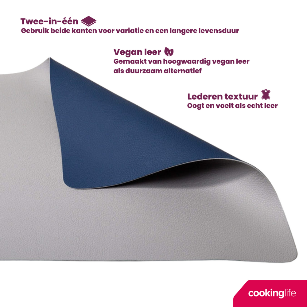 Cookinglife Manteles Individuales - Reversibles - Cuero Vegano - Gris / Azul 46 x 33 cm - 6 Piezas