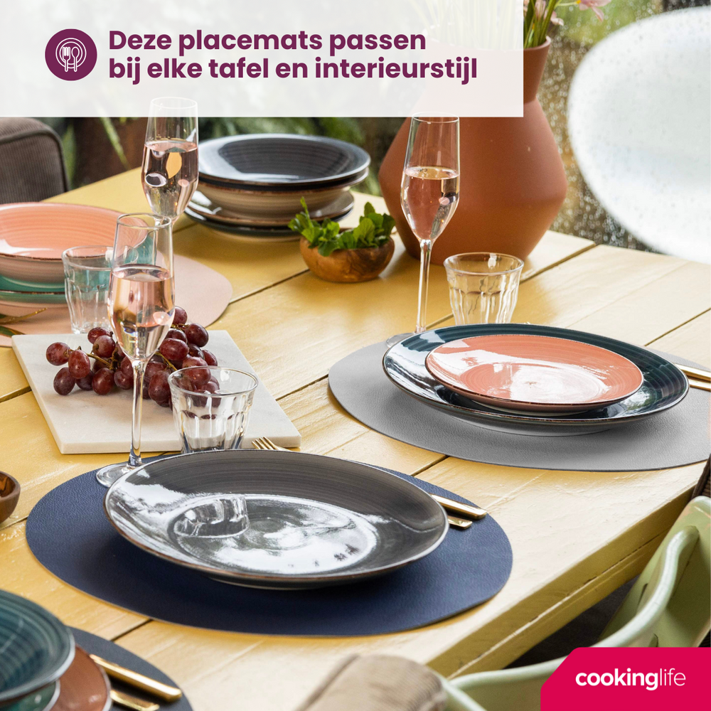 Cookinglife 6 Manteles Individuales + 6 Posavasos - Reversibles - Redondos - Cuero Vegano - Azul / Gris