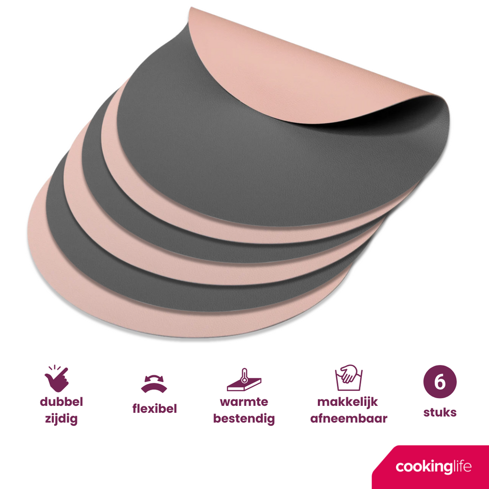 Cookinglife Manteles Individuales - Reversibles - Cuero Vegano - Gris / Rosa ø 38 cm - 6 Piezas