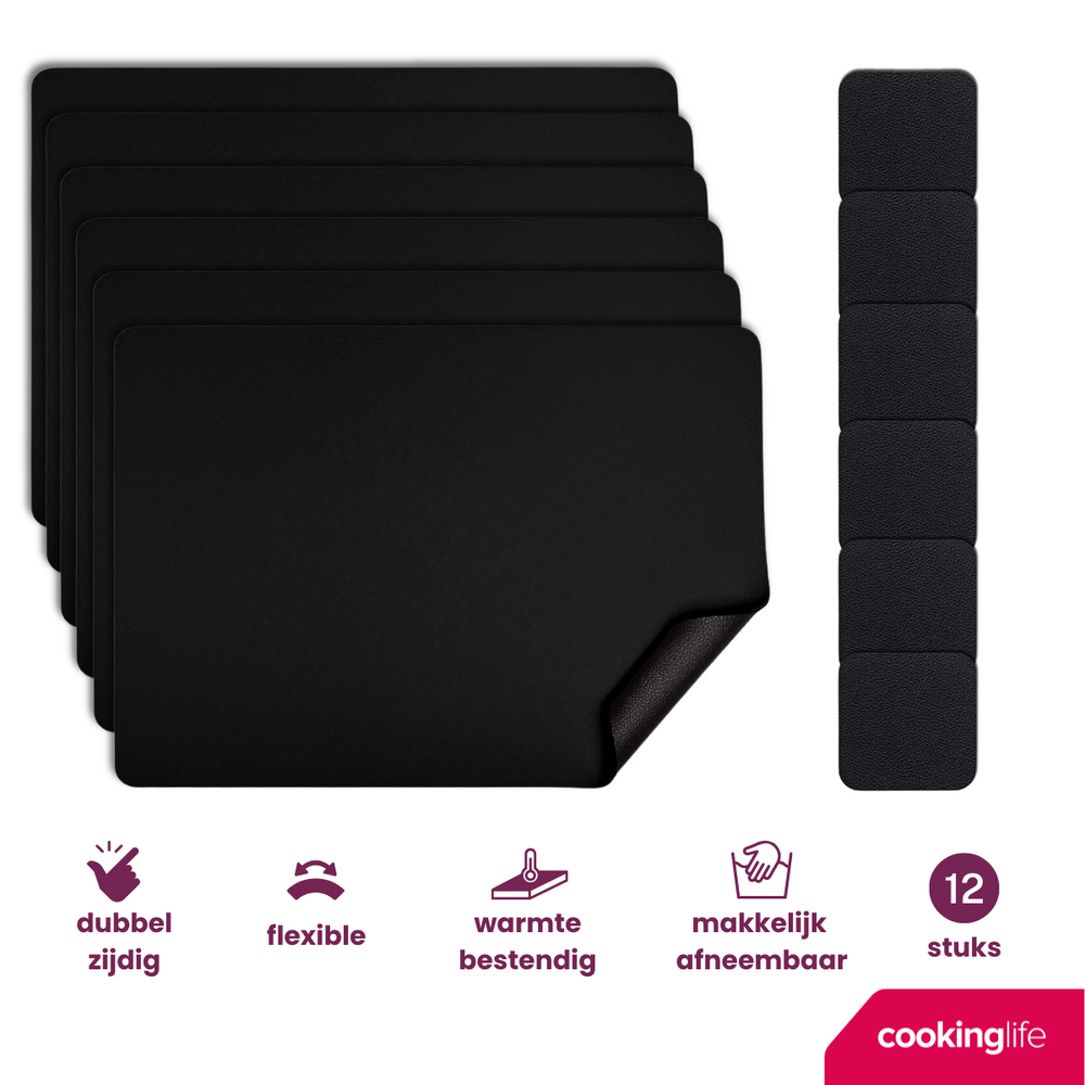 Cookinglife 6 Manteles Individuales + 6 Posavasos - Cuero Vegano - Negro