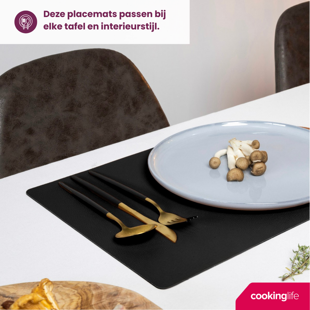 Cookinglife 6 Manteles Individuales + 6 Posavasos - Cuero Vegano - Negro