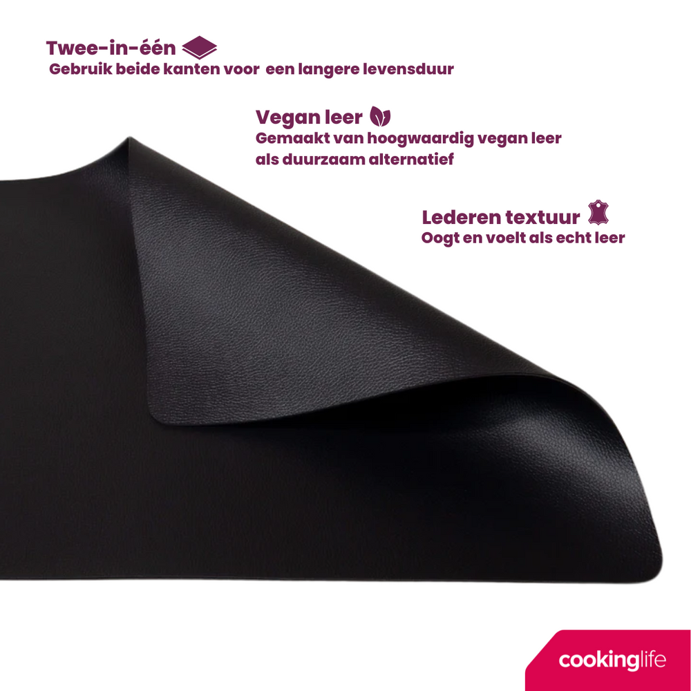Cookinglife 6 Manteles Individuales + 6 Posavasos - Cuero Vegano - Negro