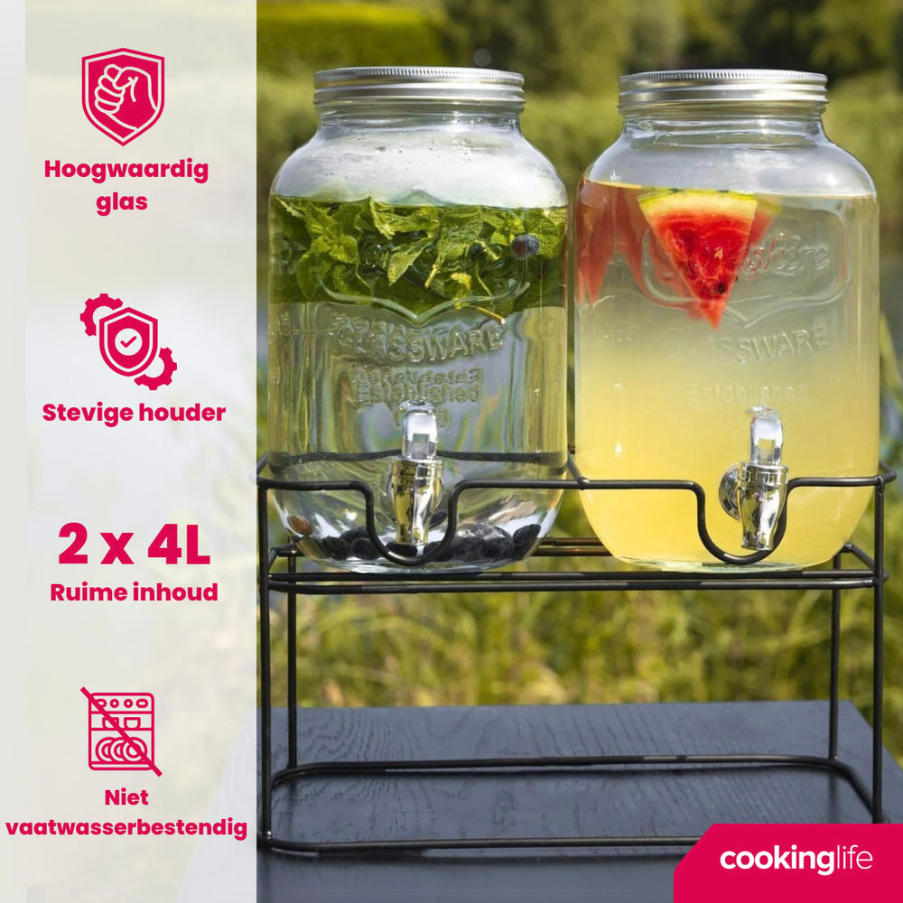 Dispensador doble de bebidas Cookinglife - con soporte - 2 x 4 litros