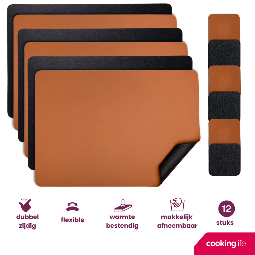 Cookinglife 6 Manteles Individuales + 6 Posavasos - Reversibles - Cuero Vegano - Negro / Cognac