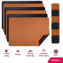 Cookinglife 6 Manteles Individuales + 6 Posavasos - Reversibles - Cuero Vegano - Negro / Cognac