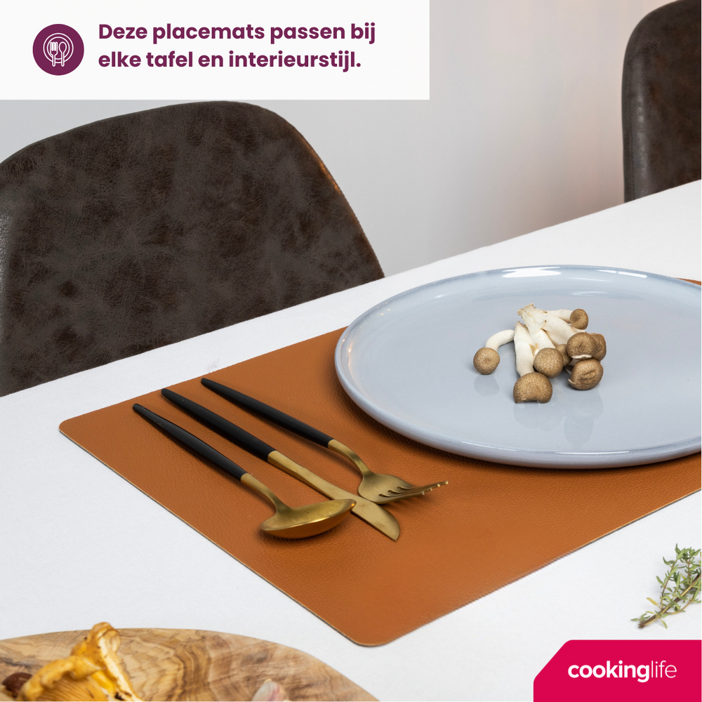 Cookinglife 6 Manteles Individuales + 6 Posavasos - Reversibles - Cuero Vegano - Negro / Cognac