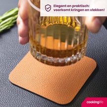 Cookinglife 6 Manteles Individuales + 6 Posavasos - Reversibles - Cuero Vegano - Negro / Cognac