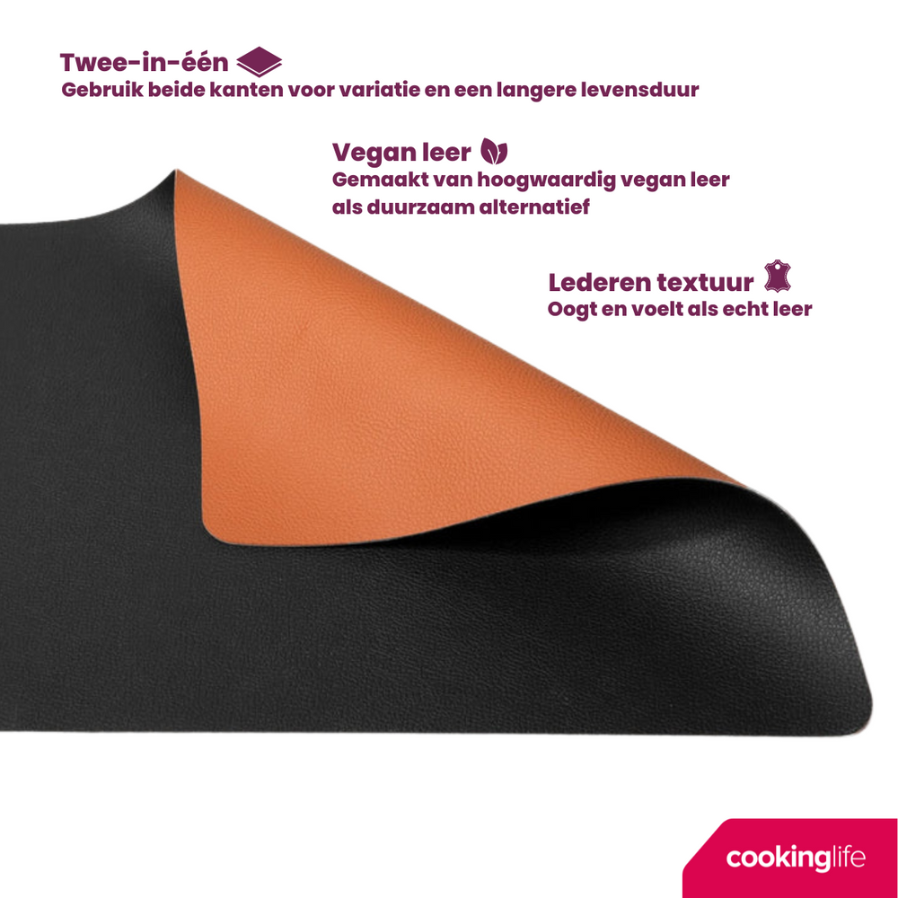 Cookinglife 6 Manteles Individuales + 6 Posavasos - Reversibles - Cuero Vegano - Negro / Cognac