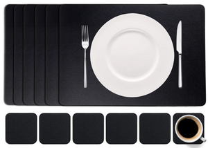 Cookinglife 6 Manteles Individuales + 6 Posavasos - Cuero Vegano - Negro