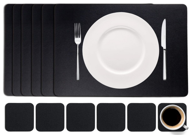 Cookinglife 6 Manteles Individuales + 6 Posavasos - Cuero Vegano - Negro