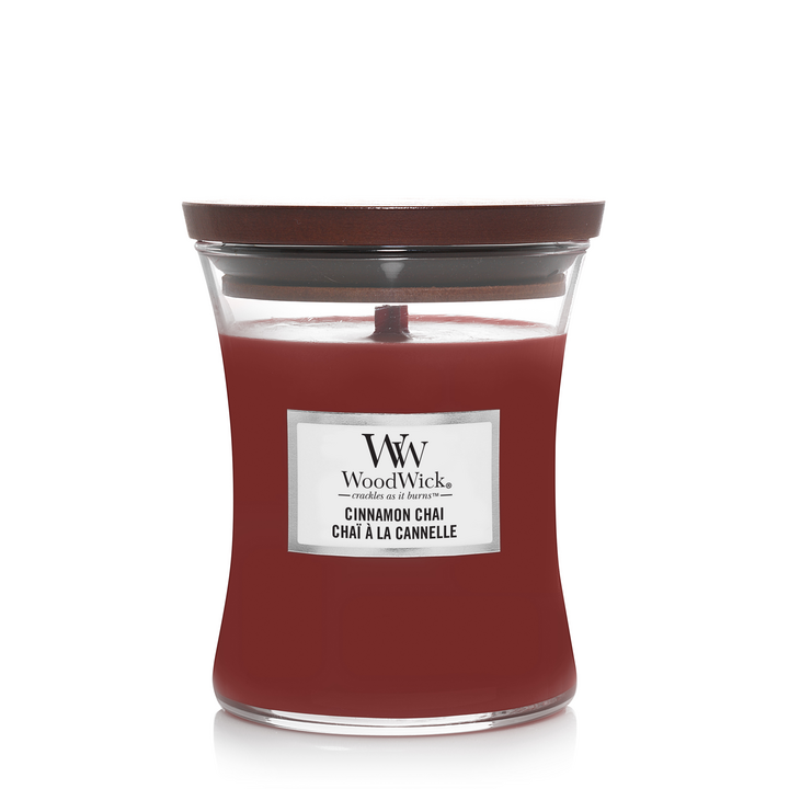 WoodWick Vela aromática Mediana Cinnamon Chai - 11 cm / ø 10 cm - Vela en vaso - Mecha de madera