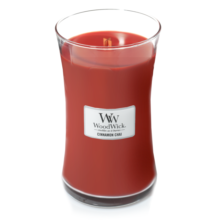 WoodWick Vela aromática Grande Cinnamon Chai - 18 cm / ø 10 cm - Vela en vaso - Mecha de madera
