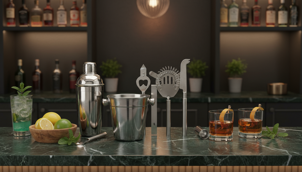 Set de bar Cookinglife de acero inoxidable 6 piezas - Coctelera, cubo de hielo, colador, abridor de botellas, pinzas y cuchillo