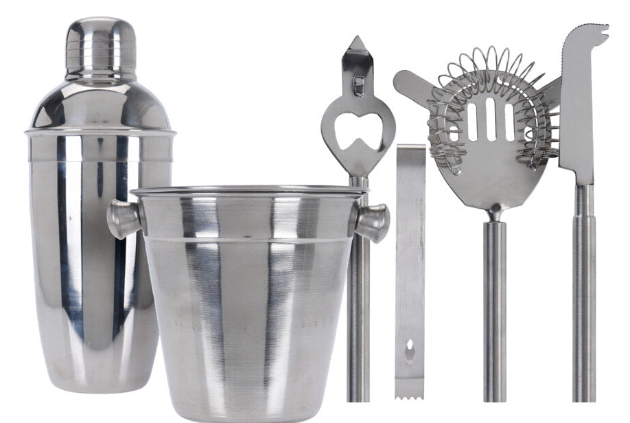 Set de bar Cookinglife de acero inoxidable 6 piezas - Coctelera, cubo de hielo, colador, abridor de botellas, pinzas y cuchillo