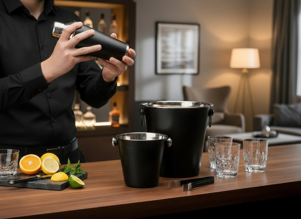 Set de bar Cookinglife negro 4 piezas - Coctelera, enfriador de champán, cubo de hielo y pinzas