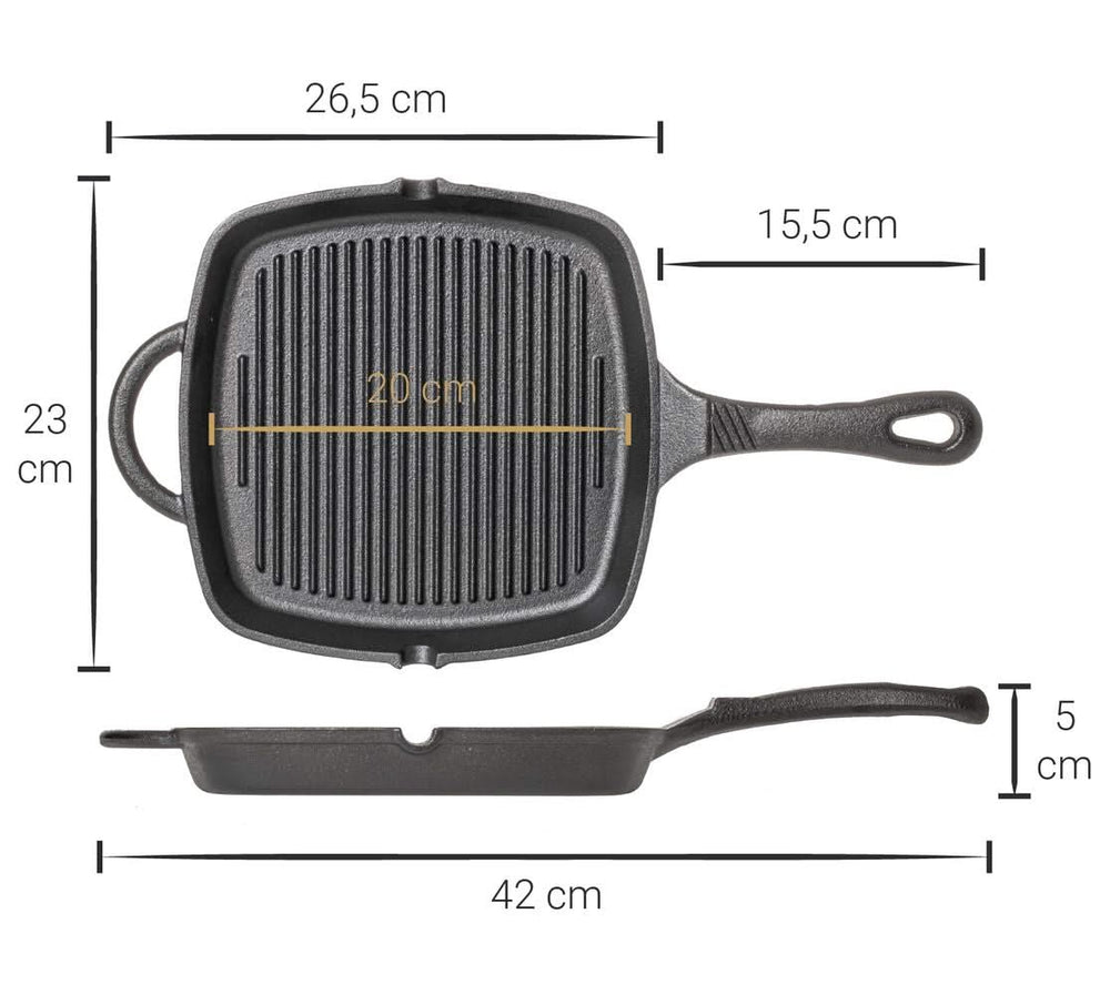 Blackwell Set de sartenes de hierro fundido 2 piezas Sartén ø 25 cm & Sartén parrilla 23 x 23 cm - apto para todas las fuentes de calor - sin recubrimiento antiadherente