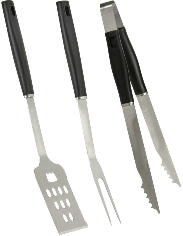 Cookinglife Set de Herramientas para BBQ Fire & Flavour Negro 3 Piezas - Acero Inoxidable - Espátula, Pinzas y Tenedor para BBQ