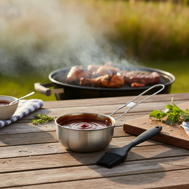 Cookinglife Cazo para Salsa BBQ Fire & Flavour Acero Inoxidable ø 11.5 cm - Incluye Pincel de Silicona Negro
