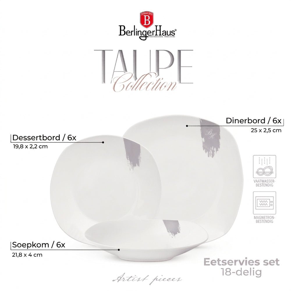 BerlingerHaus Juego de Vajilla Taupe - 18 Piezas / 6 Personas - 6 platos de cena, 6 platos de desayuno y 6 platos hondos