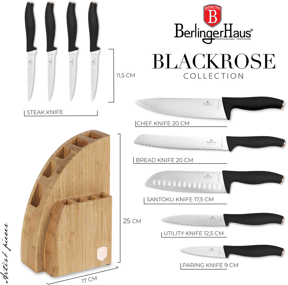 BerlingerHaus Bloque de Cuchillos Negro Rosado 10 Piezas - Cuchillo de Chef, Cuchillo de Pan, Cuchillo Santoku, Cuchillo de Oficina, Cuchillo Pelador & 4 Cuchillos de Carne