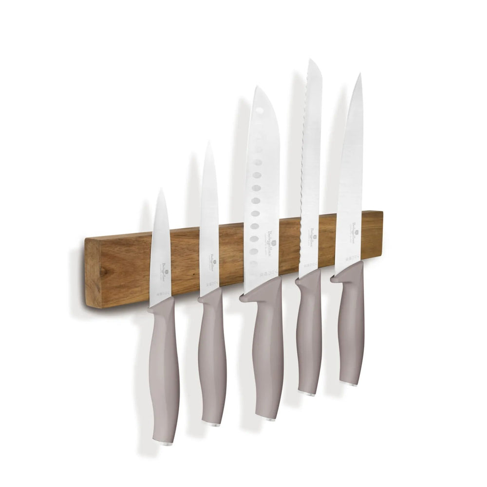 BerlingerHaus Set de cuchillos con tira magnética de madera de acacia taupe - 6 piezas - Cuchillo de chef, cuchillo de pan, cuchillo santoku, cuchillo de oficina y cuchillo pelador