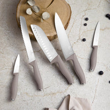 BerlingerHaus Set de cuchillos con tira magnética de madera de acacia taupe - 6 piezas - Cuchillo de chef, cuchillo de pan, cuchillo santoku, cuchillo de oficina y cuchillo pelador